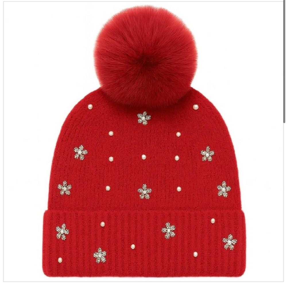 Elegant Red Beanie with Pom-Pom and Floral Accents